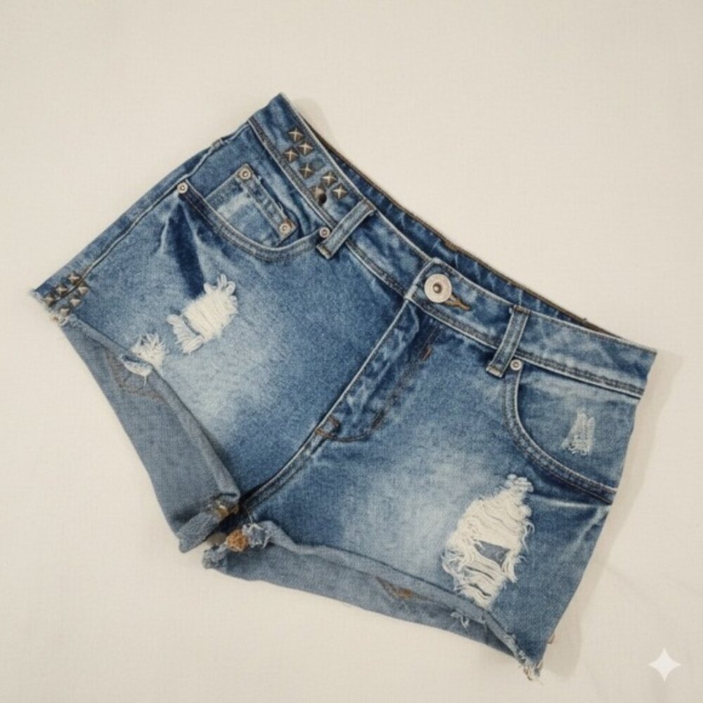 Parisian Chic Studded‎ Ripped Denim Shorts High Waisted Blue Jean Cutoffs